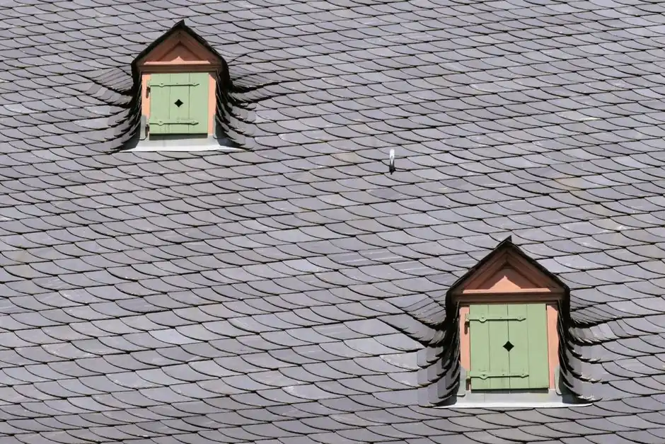 Close-up of a slate rooftop featuring two green shuttered dormers under daylight.